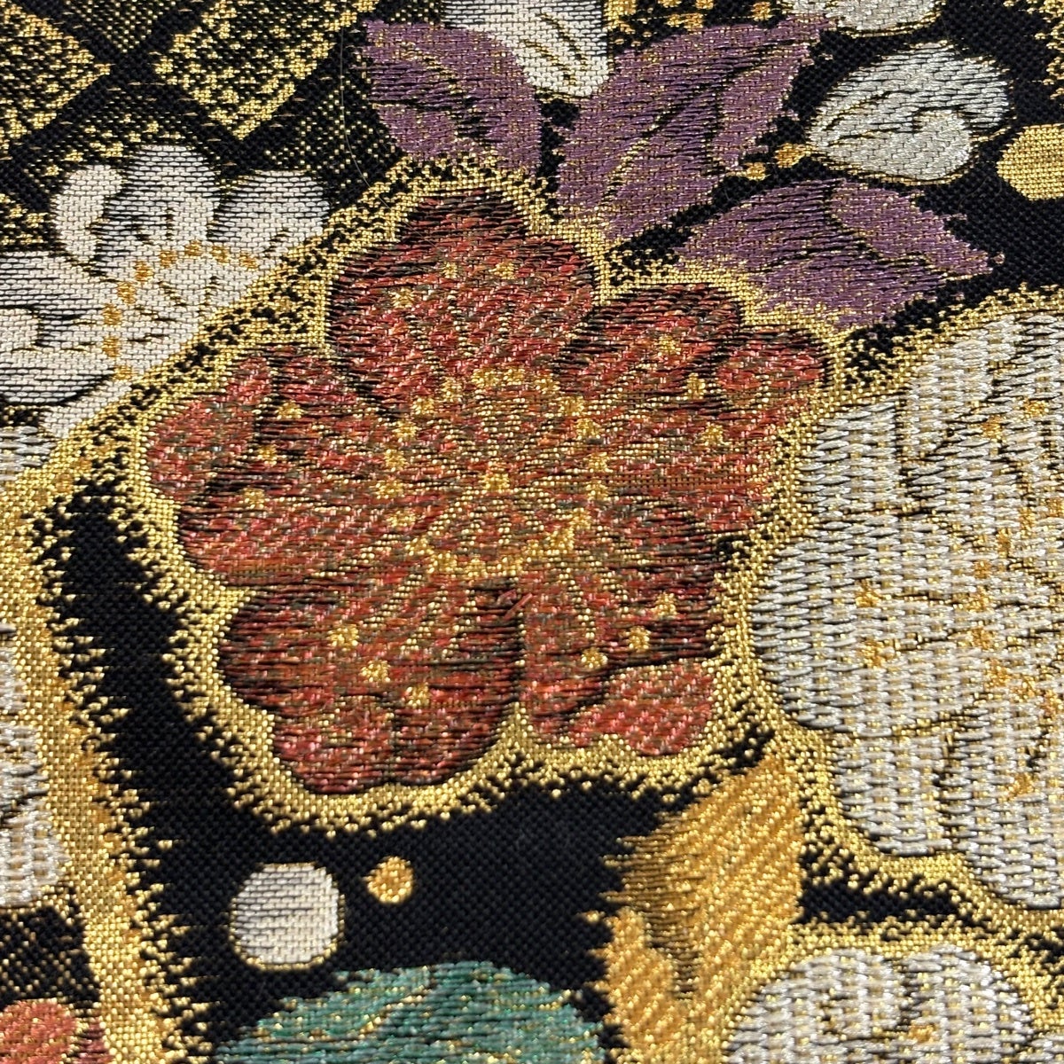 美品】 袋帯 秀品 やまと 辻が花柄 草花 箔 金糸 黒 六通 正絹｜中古