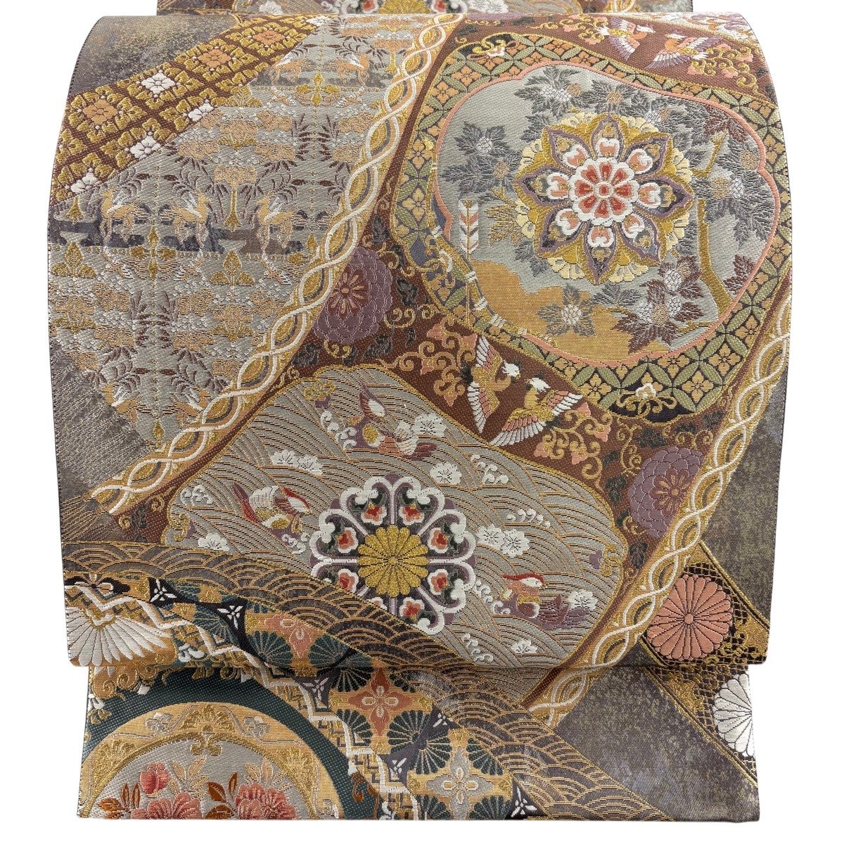 美品】 袋帯 秀品 華文 花鳥 金糸 箔 灰色 六通 正絹｜中古・古着