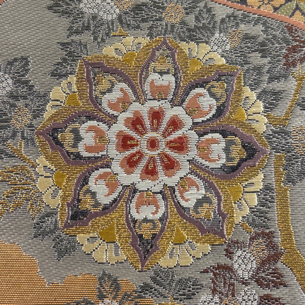 美品】 袋帯 秀品 華文 花鳥 金糸 箔 灰色 六通 正絹｜中古・古着