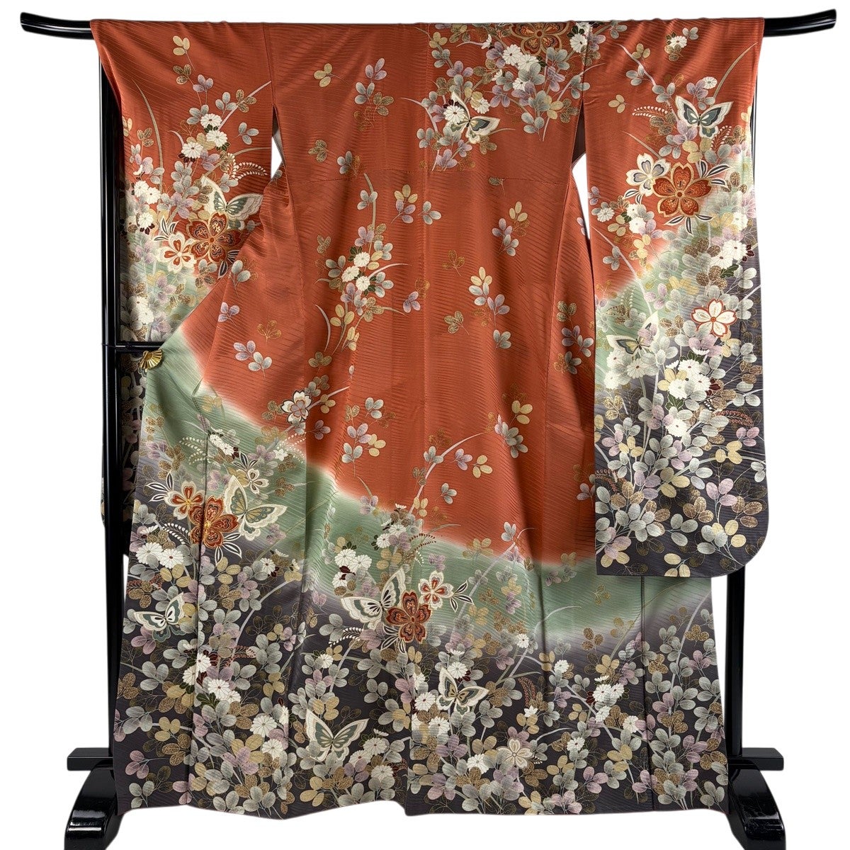 振袖 身丈166cm 裄丈67.5cm L 袷 扇 牡丹 金糸 金彩 深緑 正絹 秀品