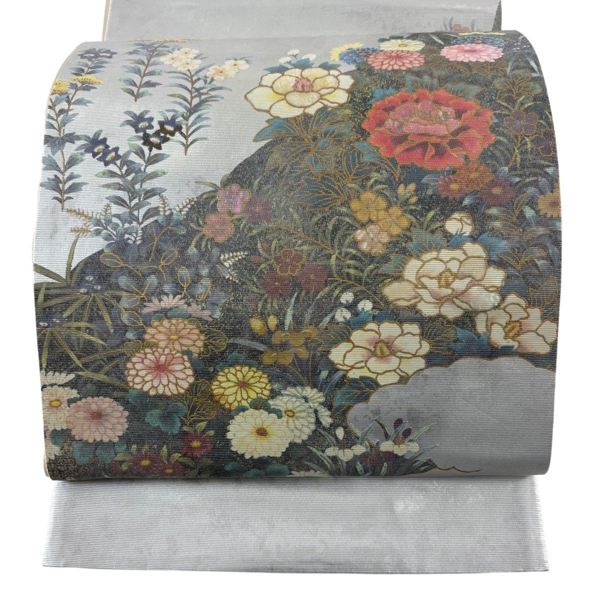 美品】 袋帯 秀品 草花 松 螺鈿箔 箔 灰緑 お太鼓柄 正絹｜中古・古着