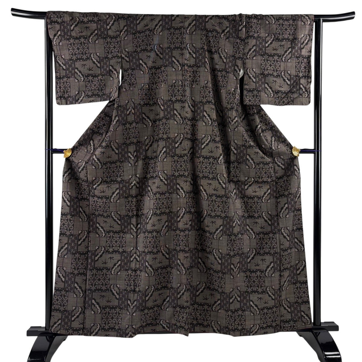 美品】 紬 身丈161.5cm 裄丈65cm M 袷 市松 横縞 焦茶色 正絹 逸品