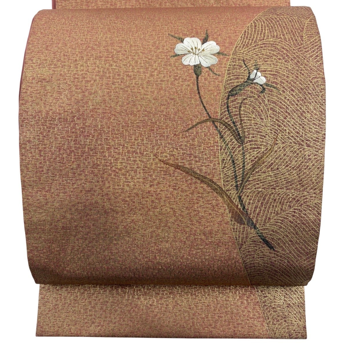 開仕立て　新品未使用　正絹　名古屋帯　菊　ラメ　金彩 開き名古屋帯 優品 草花 波 金彩 金糸 金色 正絹｜中古・古着