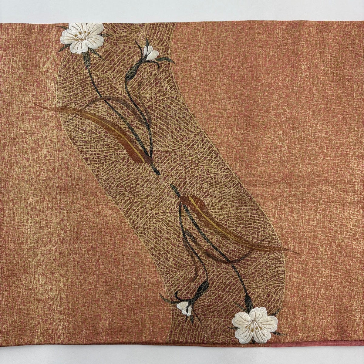 開き名古屋帯 優品 草花 波 金彩 金糸 金色 正絹｜中古・古着