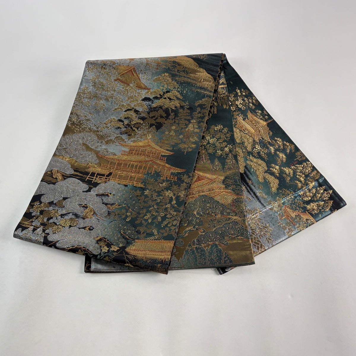 袋帯 秀品 京風景 金閣寺 金糸 箔 銀色 お太鼓柄 正絹｜中古・古着