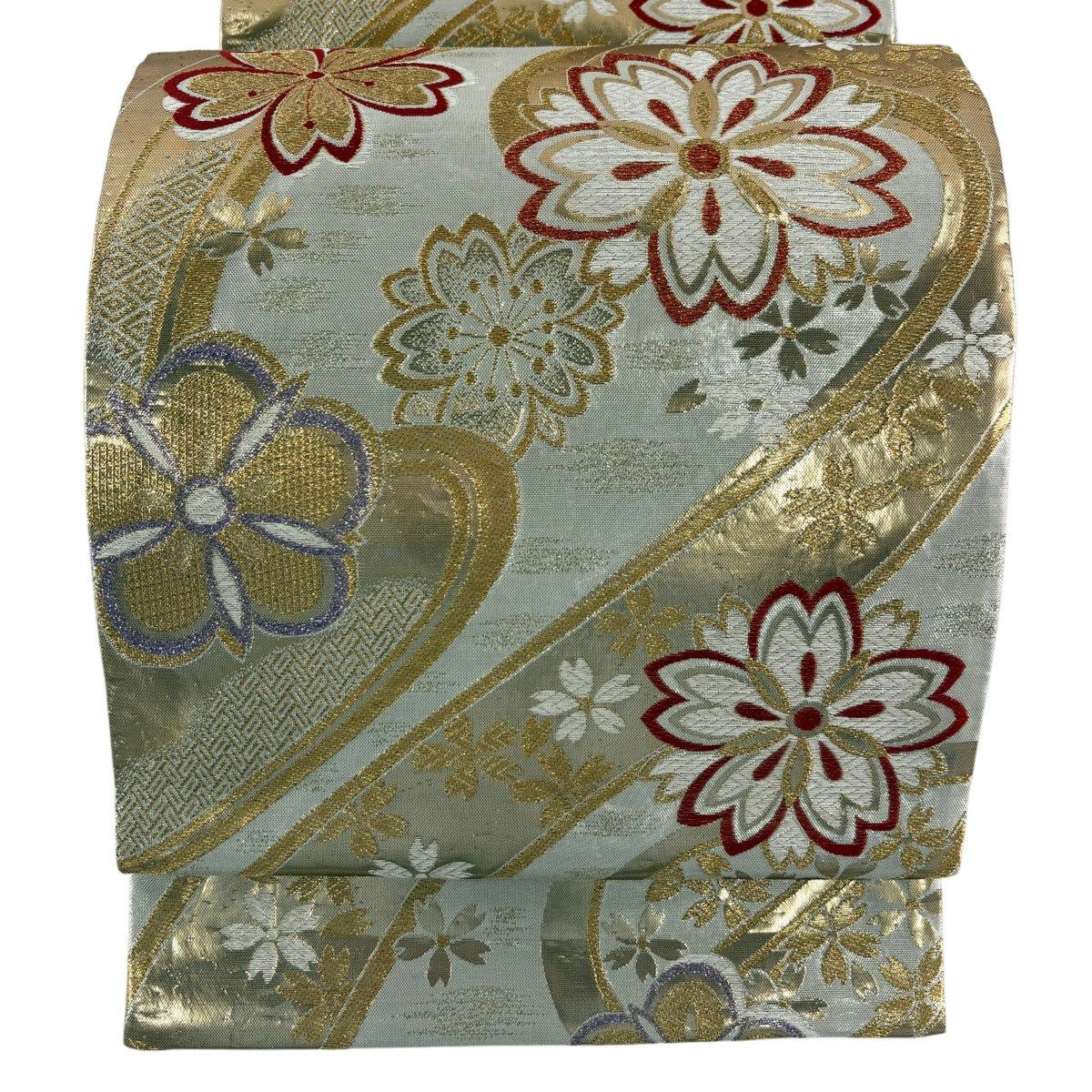美品】 袋帯 秀品 桜 蝶 金糸 箔 ベージュ 六通 正絹｜中古・古着