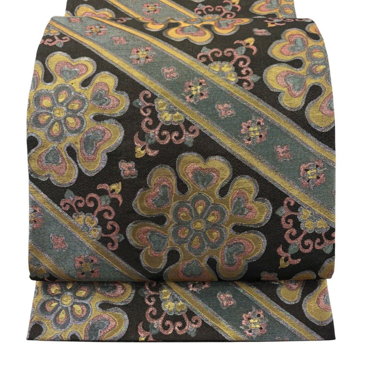美品】 袋帯 秀品 草花 七宝 金銀糸 箔 墨色 六通 正絹｜中古・古着