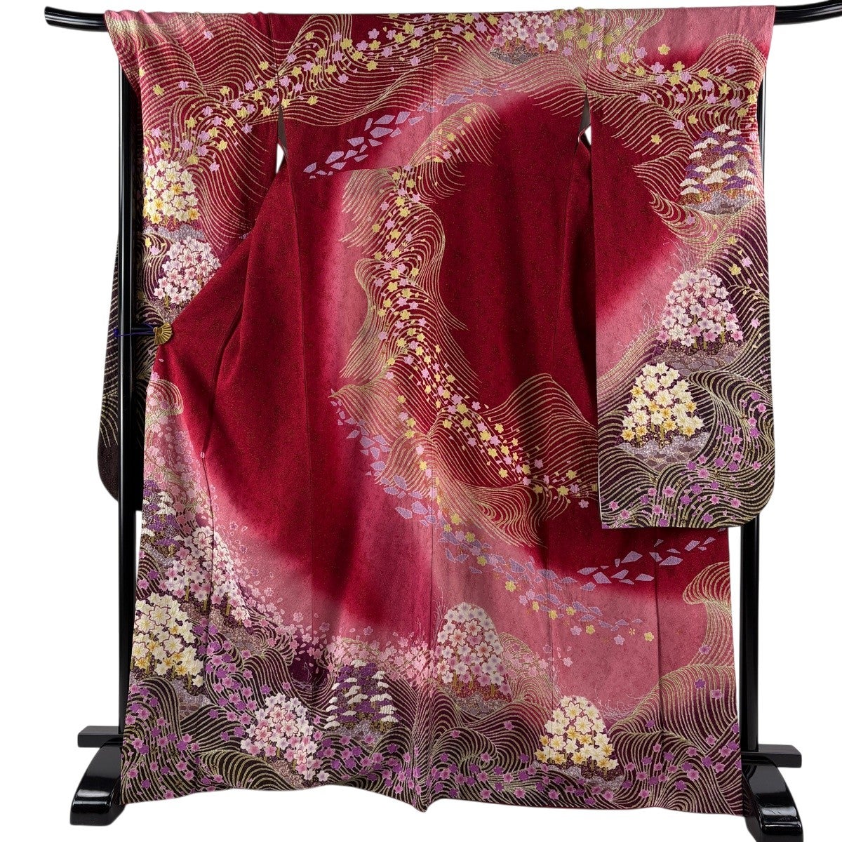 振袖 美品 逸品 桜 流水 金通し 箔 黒 袷 身丈170cm 裄丈71cm
