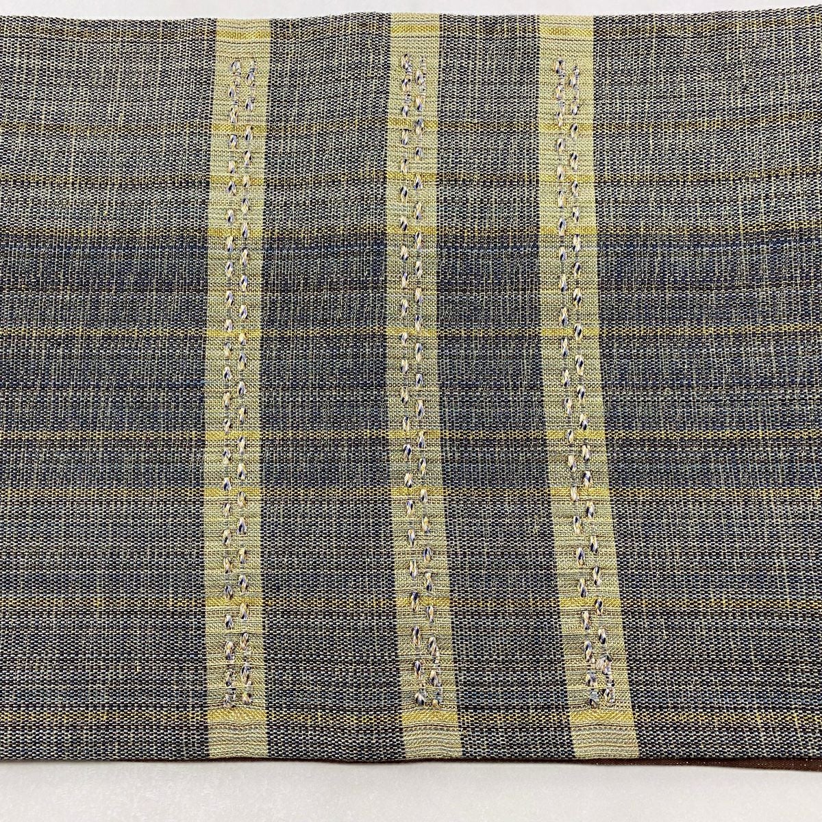 在庫一掃】 【美品】 袋帯 名品 段縞 縞 金糸 灰緑 お太鼓柄 正絹