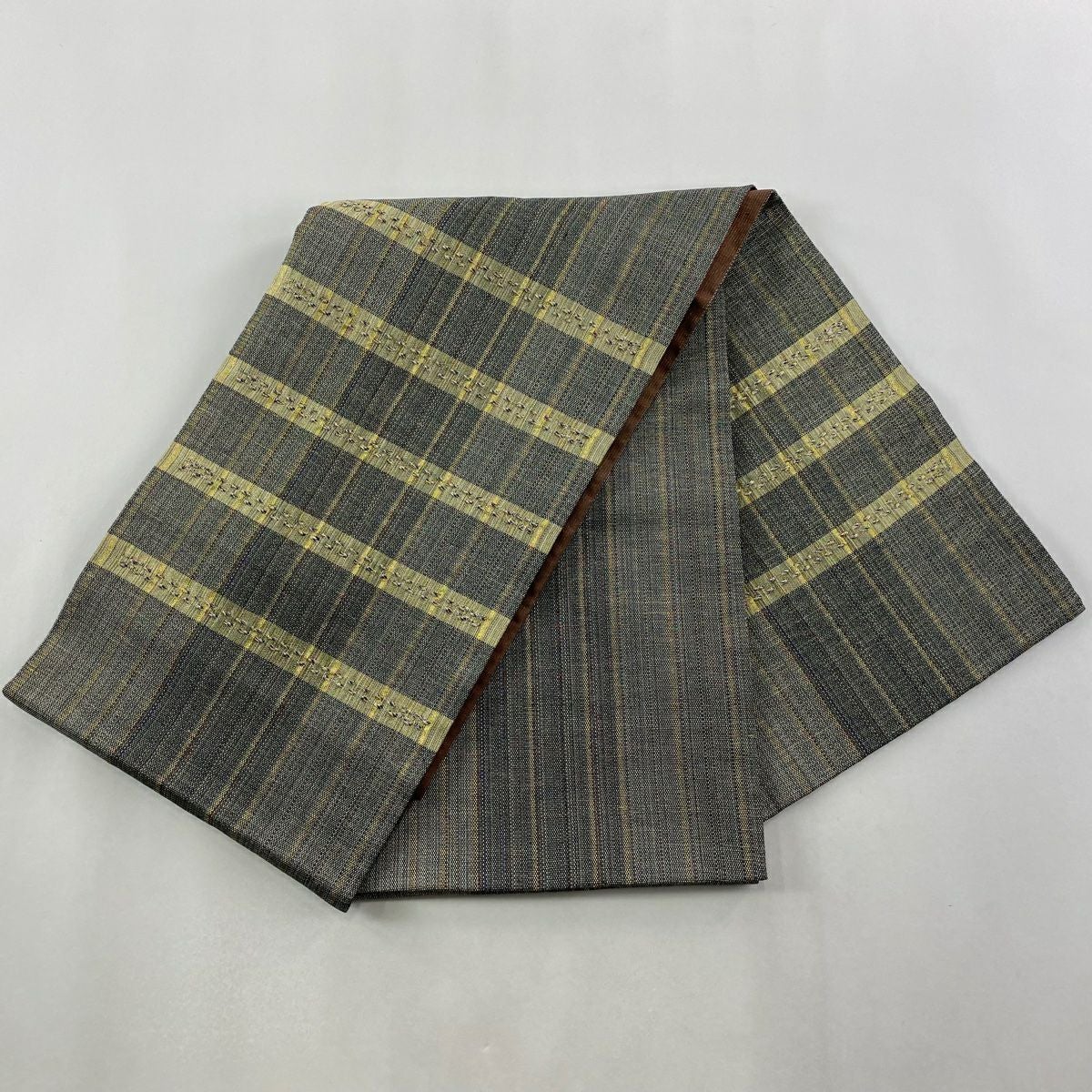 在庫一掃】 【美品】 袋帯 名品 段縞 縞 金糸 灰緑 お太鼓柄 正絹