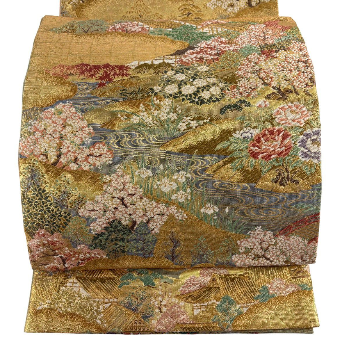 美品】 袋帯 秀品 花鳥 流水 箔 金色 お太鼓柄 正絹｜中古・古着