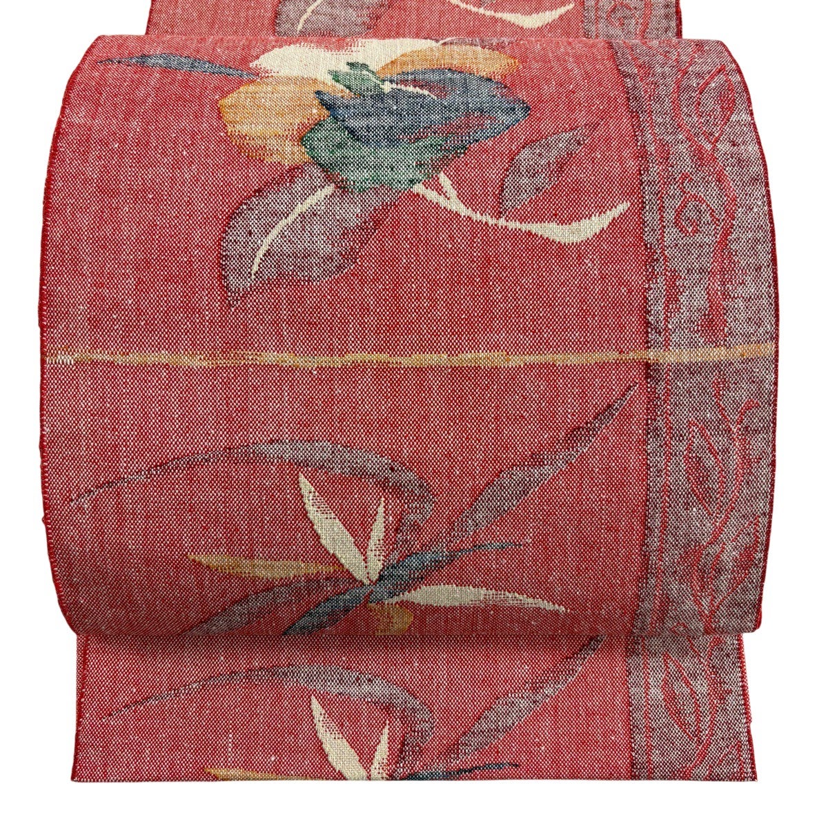 美品】 名古屋帯 優品 八寸名古屋帯 松葉仕立て 椿 花 赤 正絹｜中古