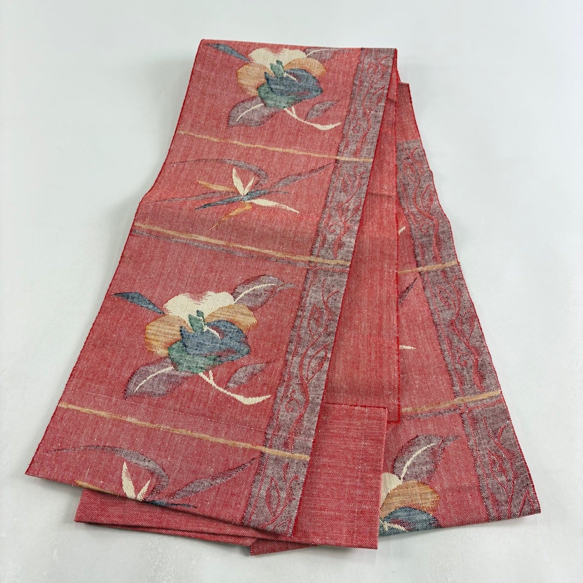 美品】 名古屋帯 優品 八寸名古屋帯 松葉仕立て 椿 花 赤 正絹｜中古