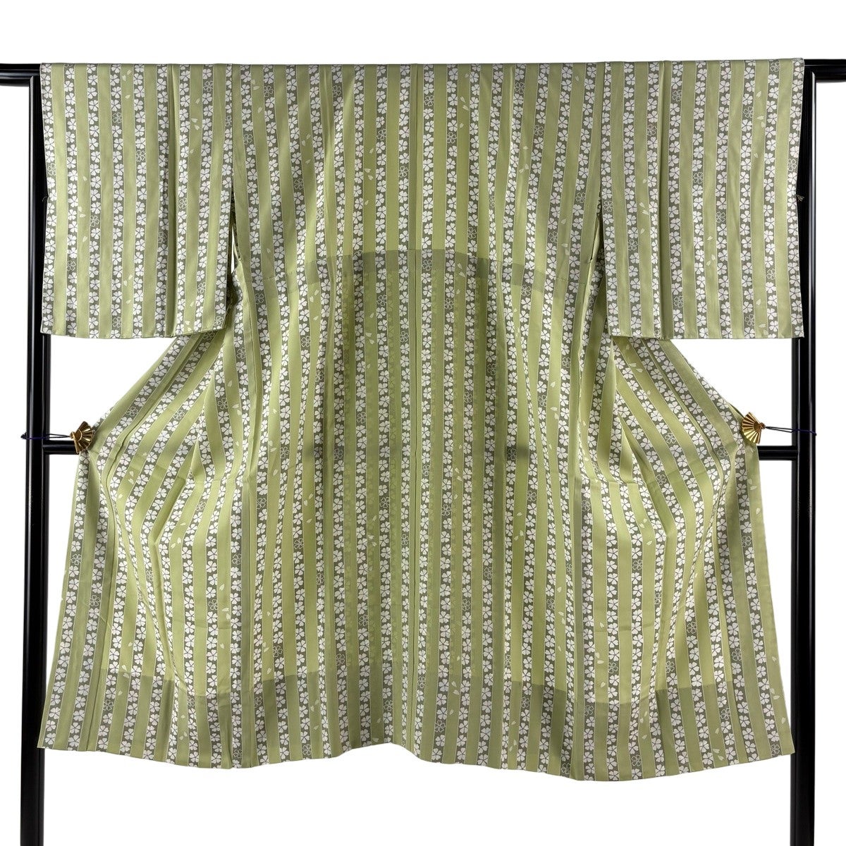 30%OFF 【美品】 長襦袢 身丈122cm 裄丈65cm M 桜 縦縞 薄緑 正絹 秀品