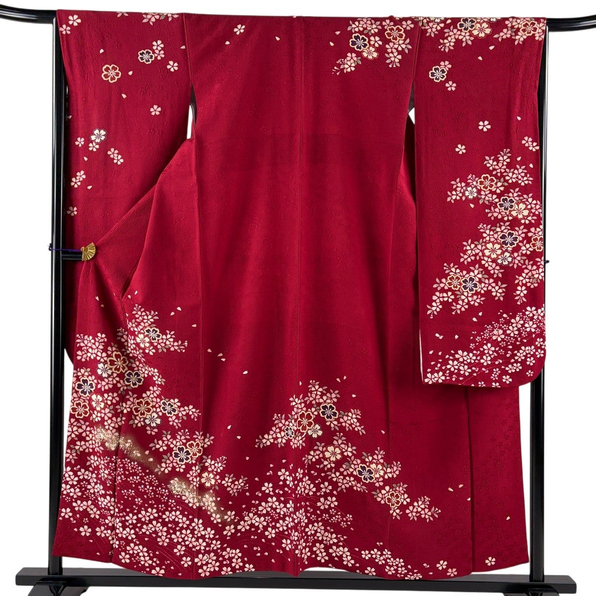 美品】 振袖 身丈159cm 裄丈66cm M 袷 桜 組紐 箔 金彩 黒 正絹 名品