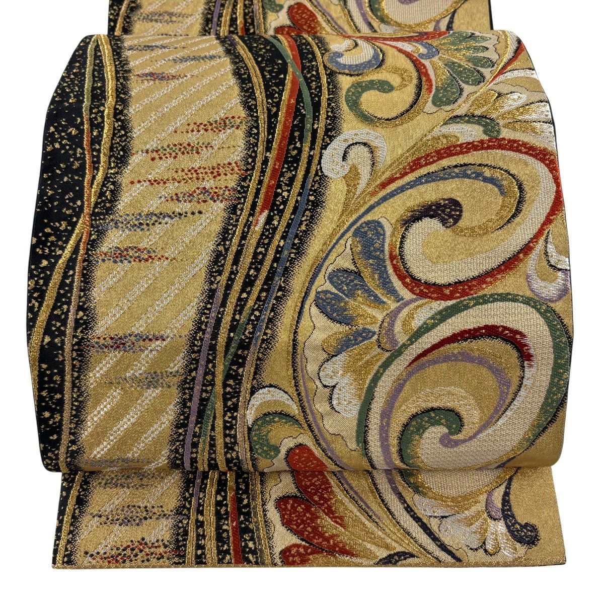 美品】 袋帯 秀品 花唐草 幾何学 金彩 紫 全通 正絹|中古・古着 美品】 袋帯 秀品 花唐草 幾何学 金彩 紫 全通 正絹|中古・古着