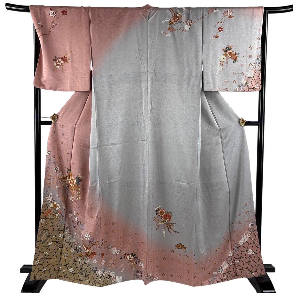訪問着 身丈160.5cm 裄丈66cm M 袷 橘 松竹 金糸 金彩 ピンク 正絹 秀