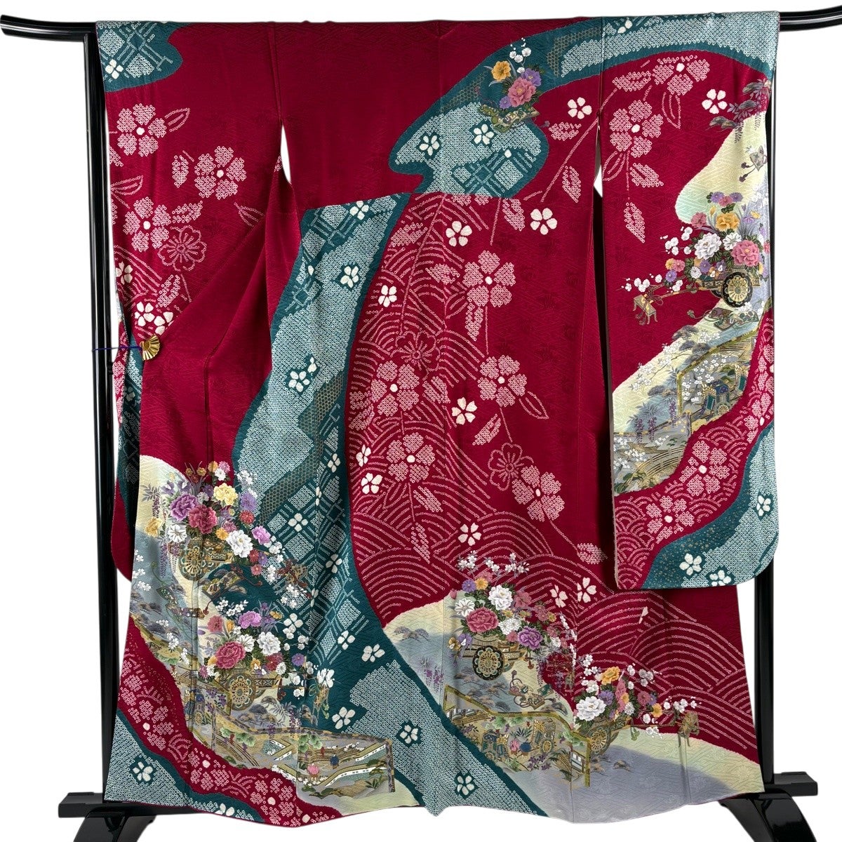 振袖 身丈159cm 裄丈66cm M 袷 花車 冊子 刺繍 金彩 えんじ色 正絹 秀