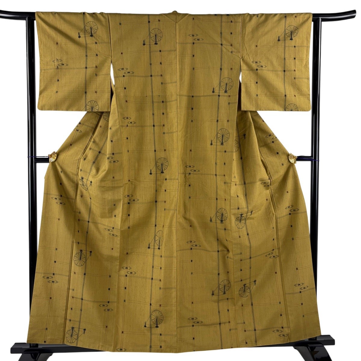 70%OFF 小紋 身丈157cm 裄丈62cm S 袷 草花 幾何学模様 黄土色 正絹 秀