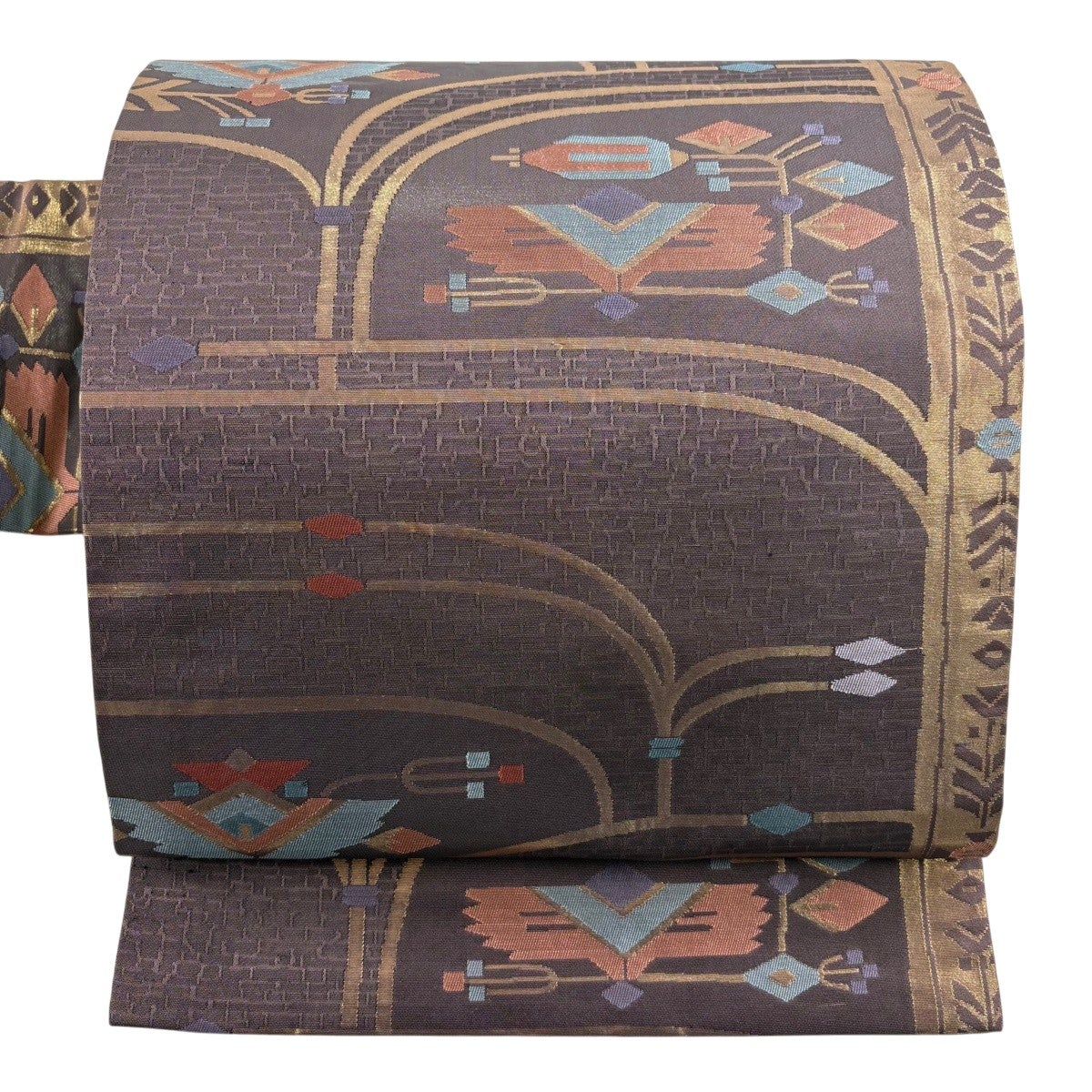 美品】 名古屋帯 優品 草花 鳥 箔 茶紫 正絹｜中古・古着・リサイクル