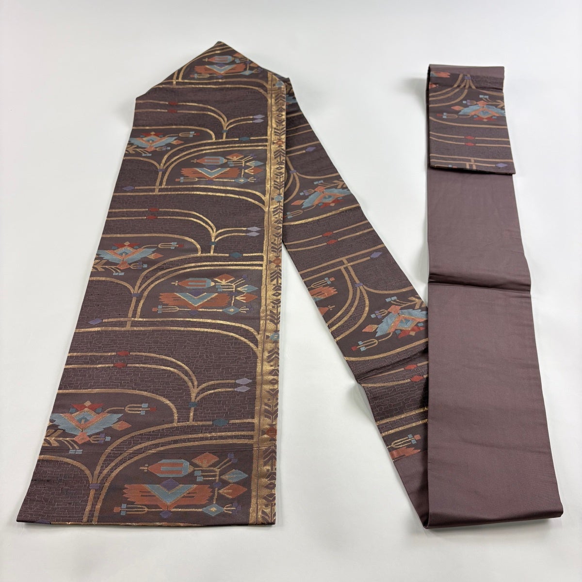 名古屋帯 名品 正絹 【中古】 美品】 名古屋帯 優品 草花 鳥 箔 茶紫 正絹｜中古・古着・リサイクル