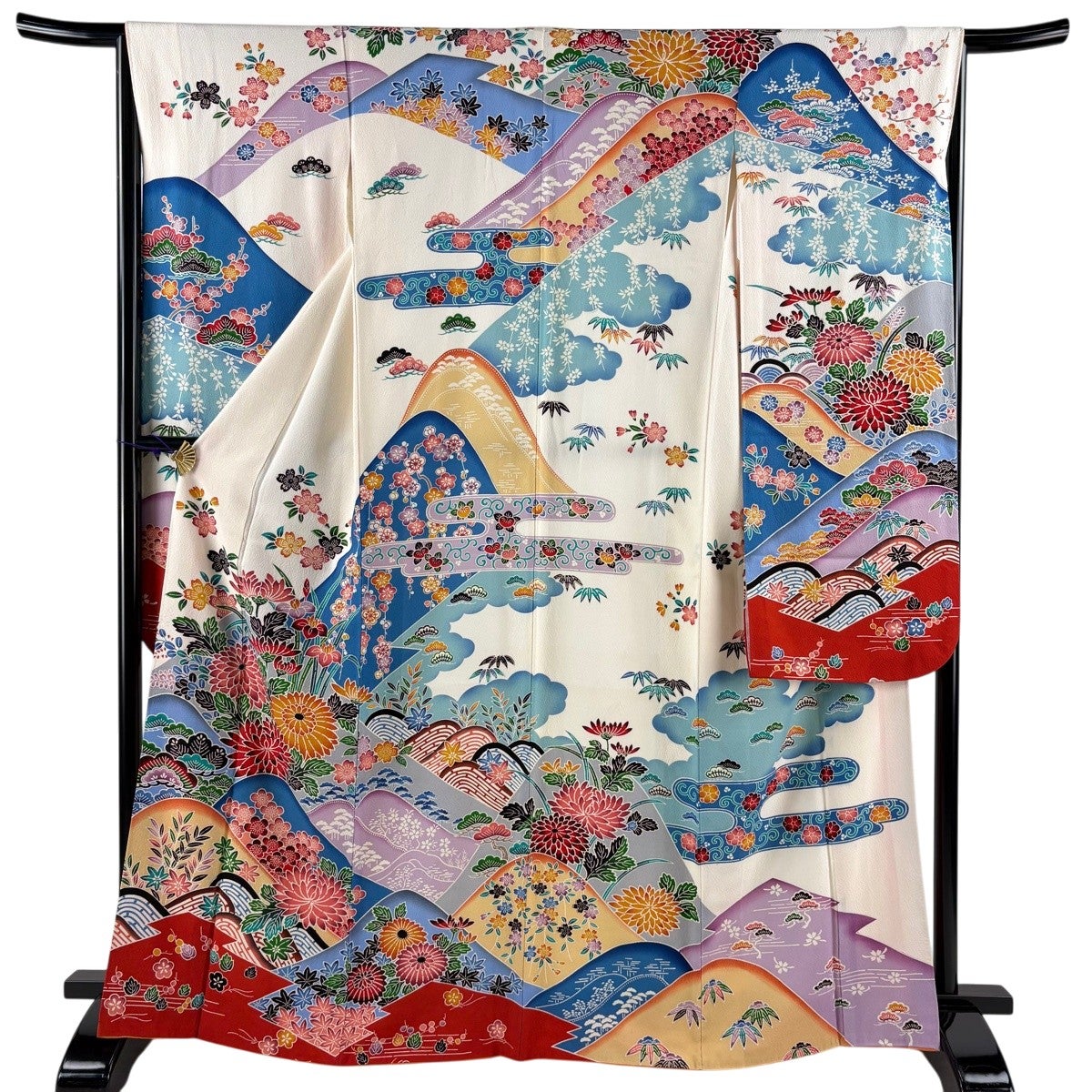 振袖 身丈167cm 裄丈65cm M 袷 松竹梅 波 縮緬 クリーム 正絹 名品