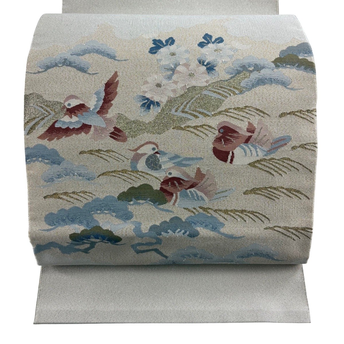 名古屋帯 名品 正絹 【中古】 名古屋帯 名品 八寸名古屋帯 鴛鴦 笠松 金糸 箔 灰白 正絹｜中古・古着