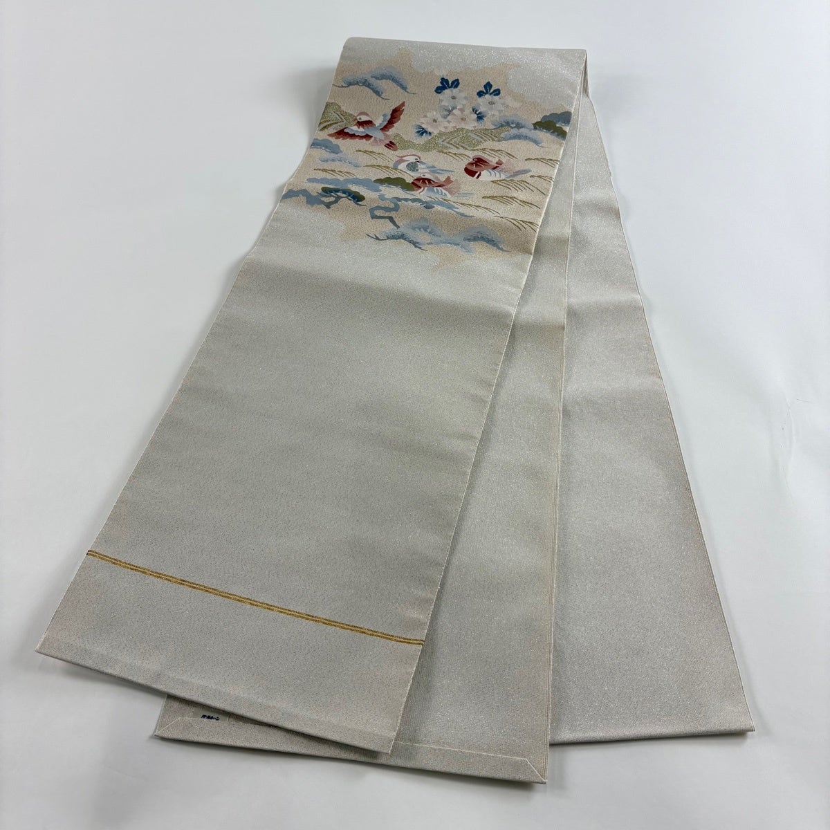 名古屋帯 名品 正絹 【中古】 名古屋帯 名品 八寸名古屋帯 鴛鴦 笠松 金糸 箔 灰白 正絹｜中古・古着