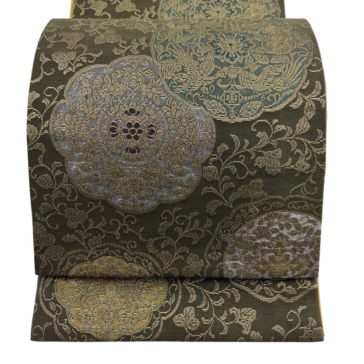 袋帯 秀品 扇面 草花 金彩 箔 金色 お太鼓柄 正絹｜中古・古着