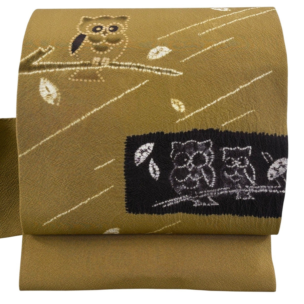 名古屋帯　仕立上り　正絹　紬風　フクロウ柄　藤色　黄色　緑　市松 名古屋帯 名品 ふくろう 葉柄 絞り 山吹茶色 正絹｜中古・古着