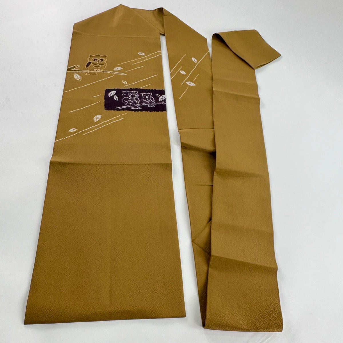 名古屋帯 名品 ふくろう 葉柄 絞り 山吹茶色 正絹｜中古・古着