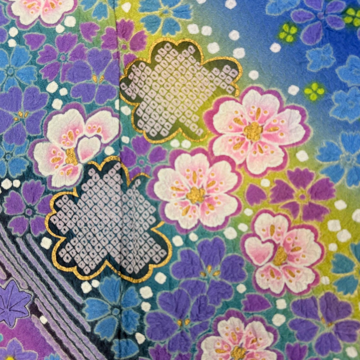 在庫一掃】 振袖 身丈172cm 裄丈68cm L 袷 桜 辻が花柄 金彩 絞り 青紫
