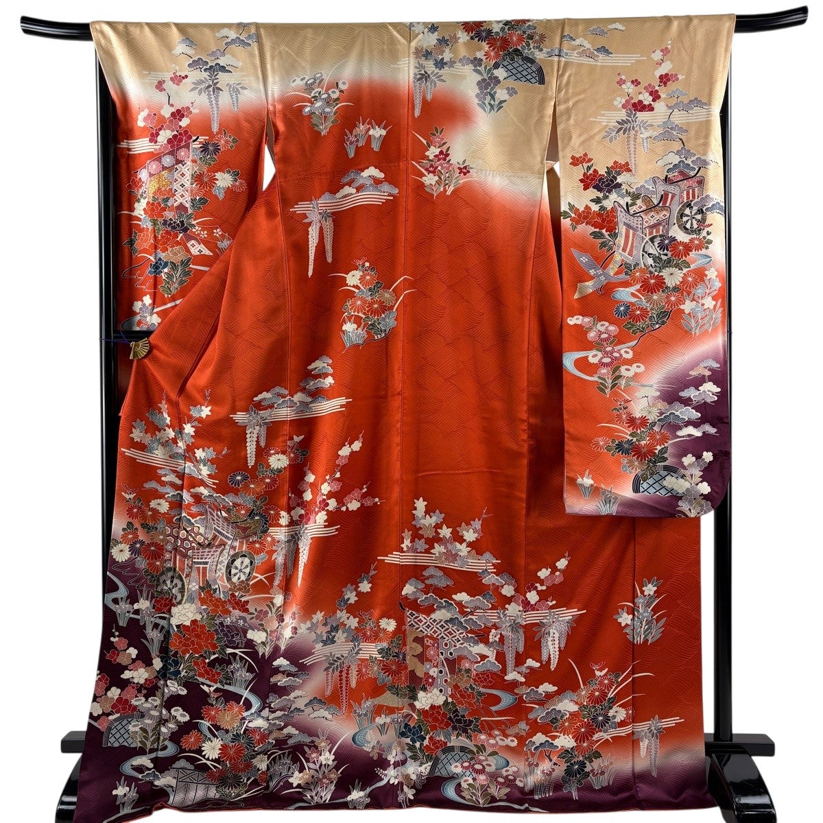 振袖 身丈168.5cm 裄丈68cm L 袷 御所車 松竹梅 金糸 金彩 朱色 正絹