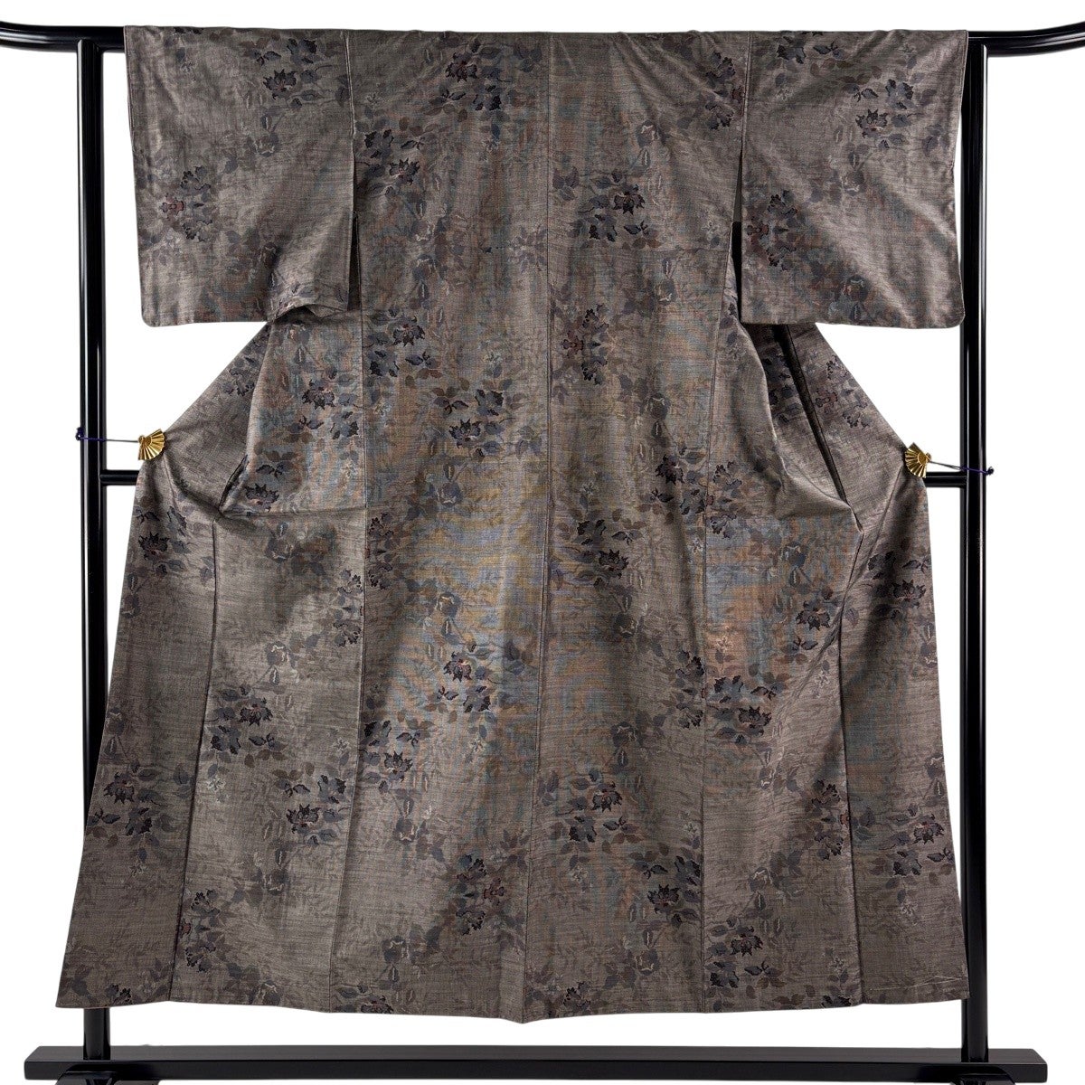 美品】 紬 身丈151.5cm 裄丈62cm S 袷 草花 建物 濃紺 正絹 秀品｜中古