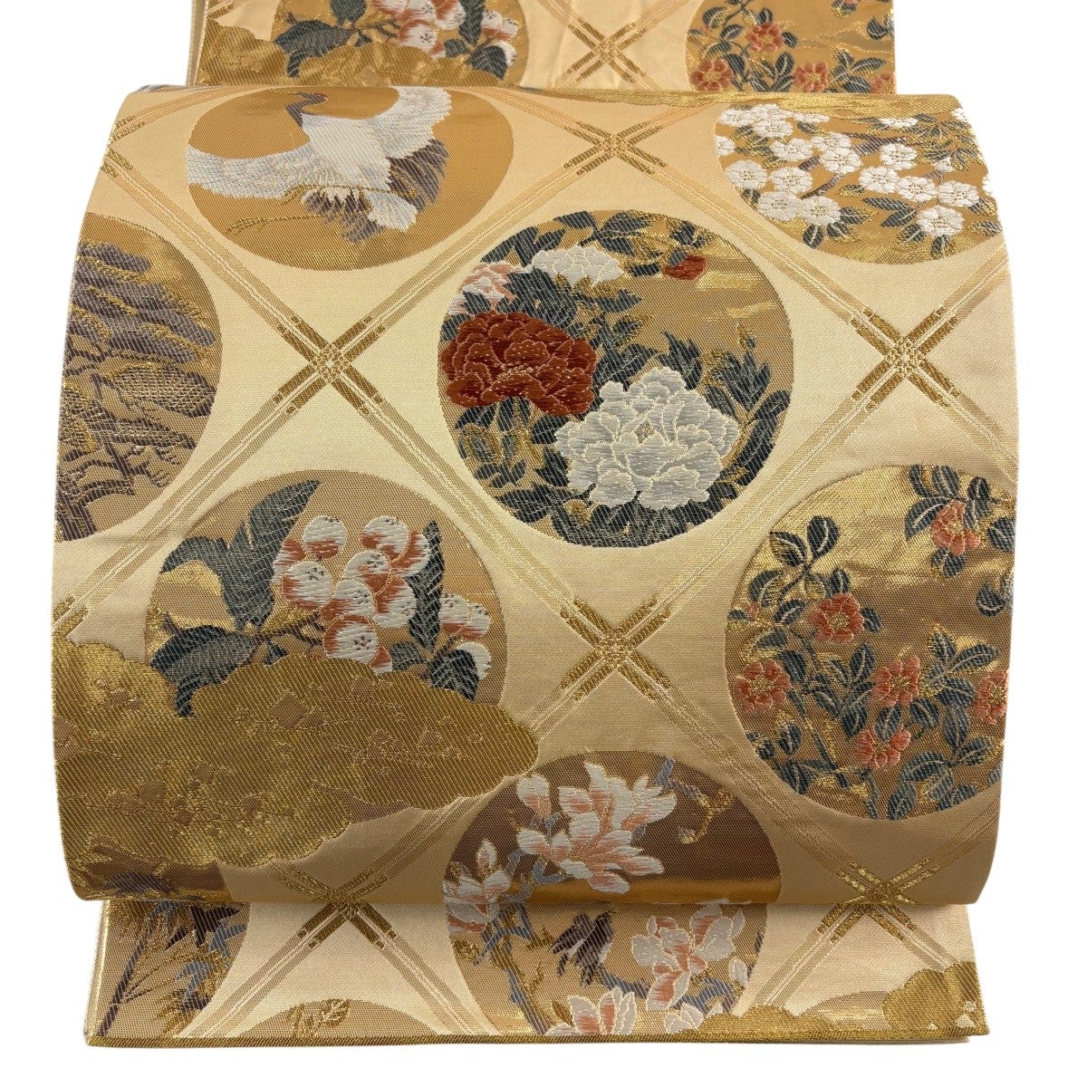 袋帯 秀品 絵箔螺鈿 文箱 琵琶 金彩 灰色 お太鼓柄 正絹｜中古・古着