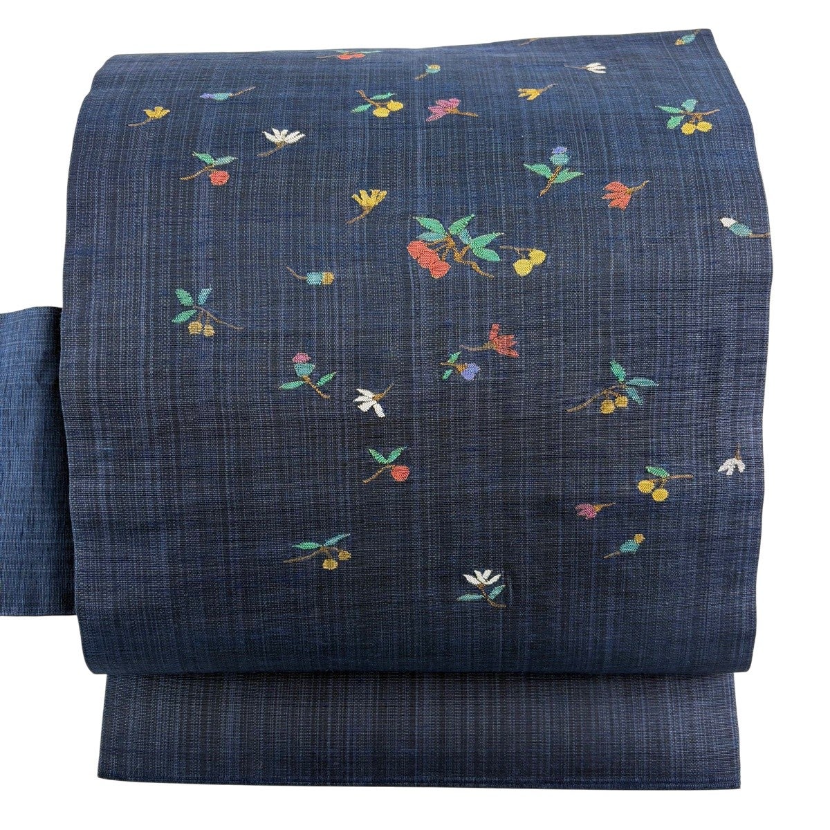 MO-3290 名古屋帯 切嵌 紬 紺色 KYOETSU（京越） (日本製 名古屋帯 麻 刺繍入り) お仕立て上がり洗える
