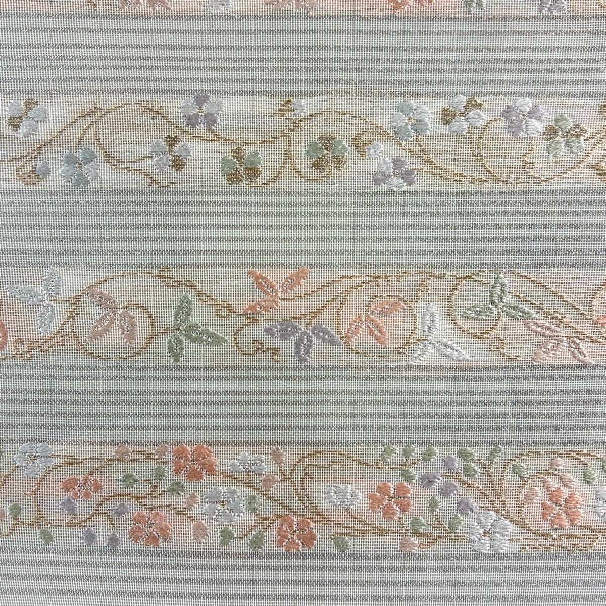 美品】 名古屋帯 秀品 夏帯 紗 花唐草 縞 刺繍 金銀糸 灰緑 正絹｜中古