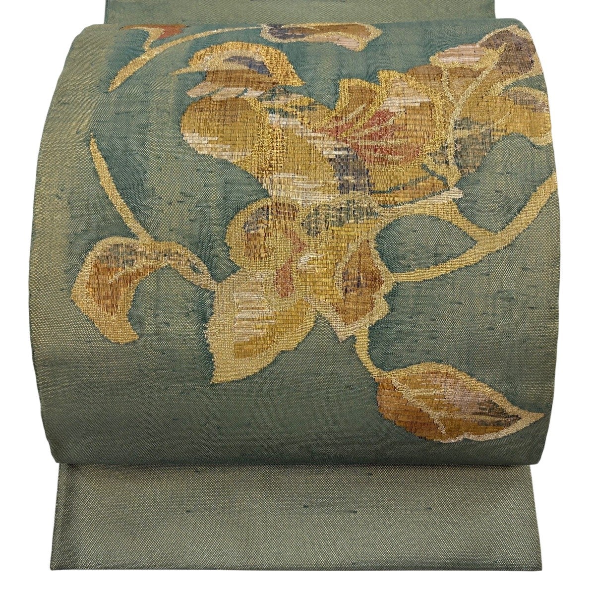 美品】 袋帯 秀品 草花 鳥 金通し 箔 よもぎ色 お太鼓柄 正絹｜中古