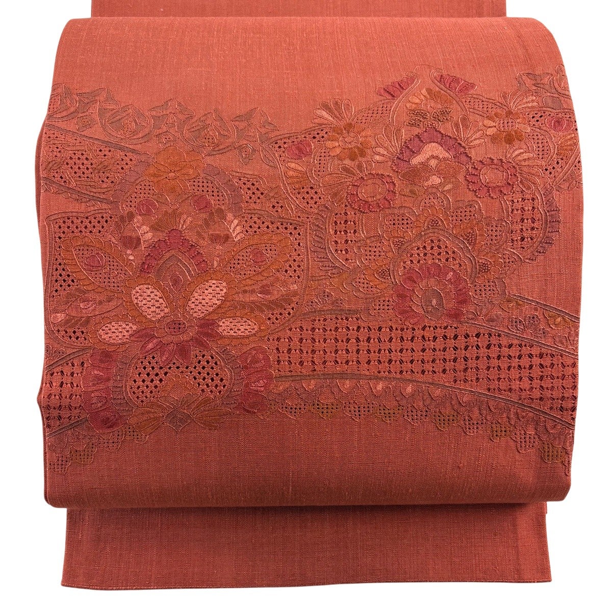 70%OFF 名古屋帯 秀品 紬地 花器 相良刺繍 茜色 正絹 K70｜中古・古着