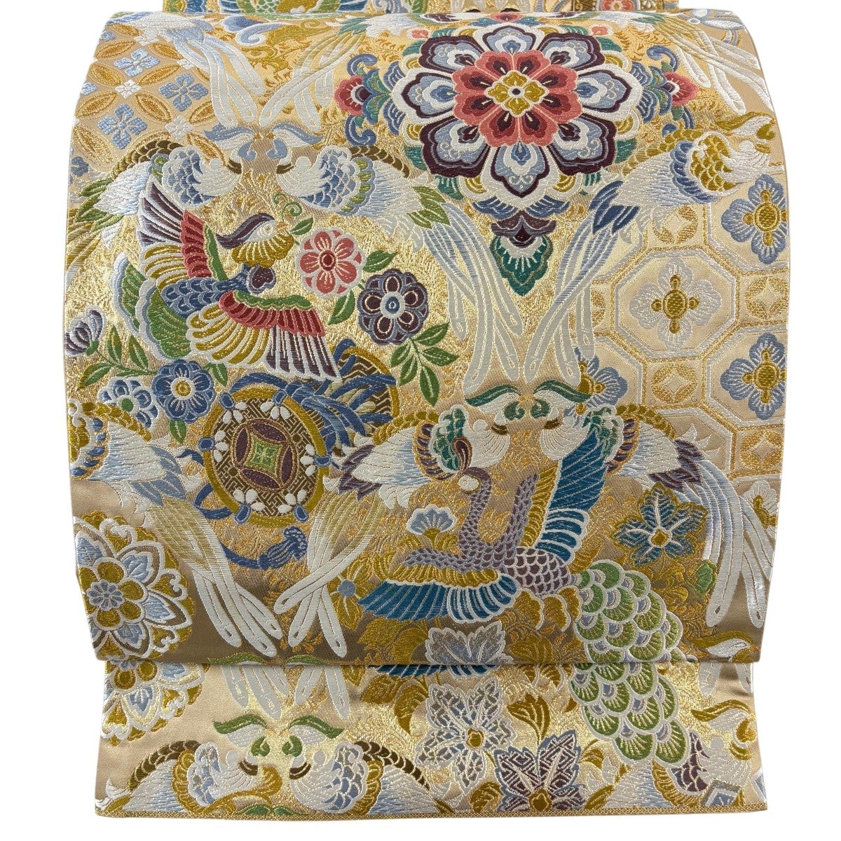 袋帯 美品 秀品 華文 花喰い鳥 箔 金糸 金色 六通 正絹 【中古】 袋帯