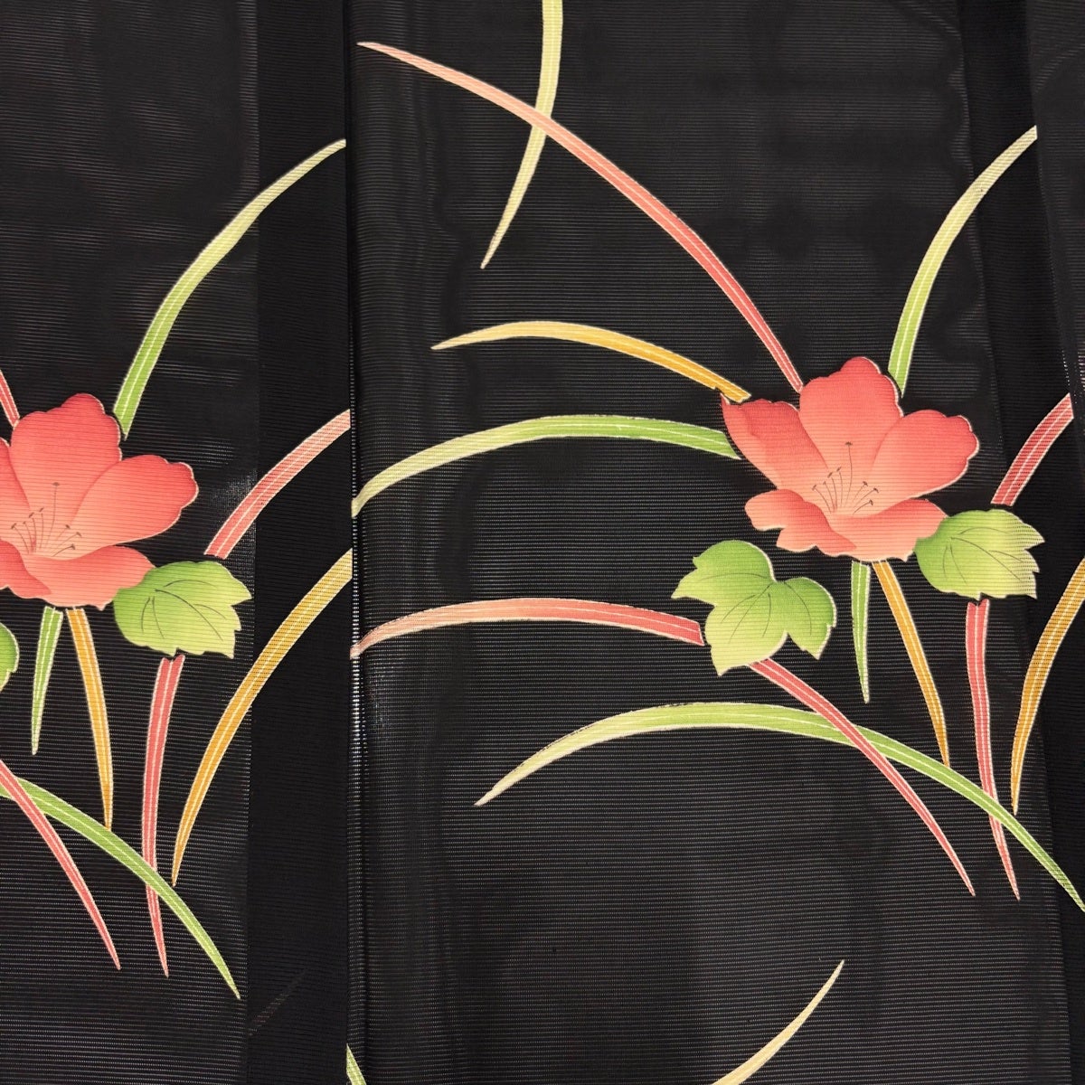 小紋 身丈161cm 裄丈65.5cm M 薄物 絽 草花 葉柄 黒 正絹 秀品｜中古