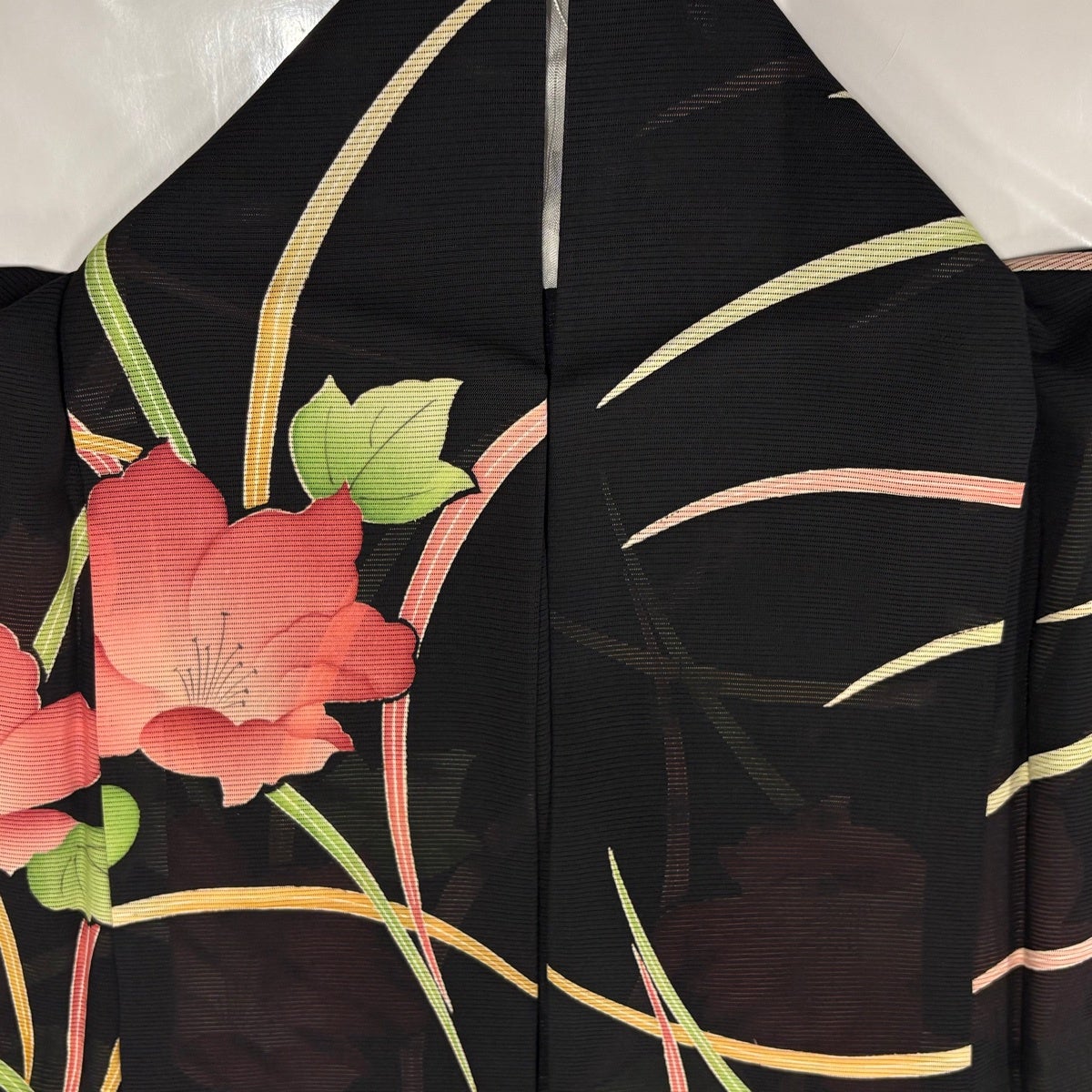 小紋 身丈161cm 裄丈65.5cm M 薄物 絽 草花 葉柄 黒 正絹 秀品｜中古