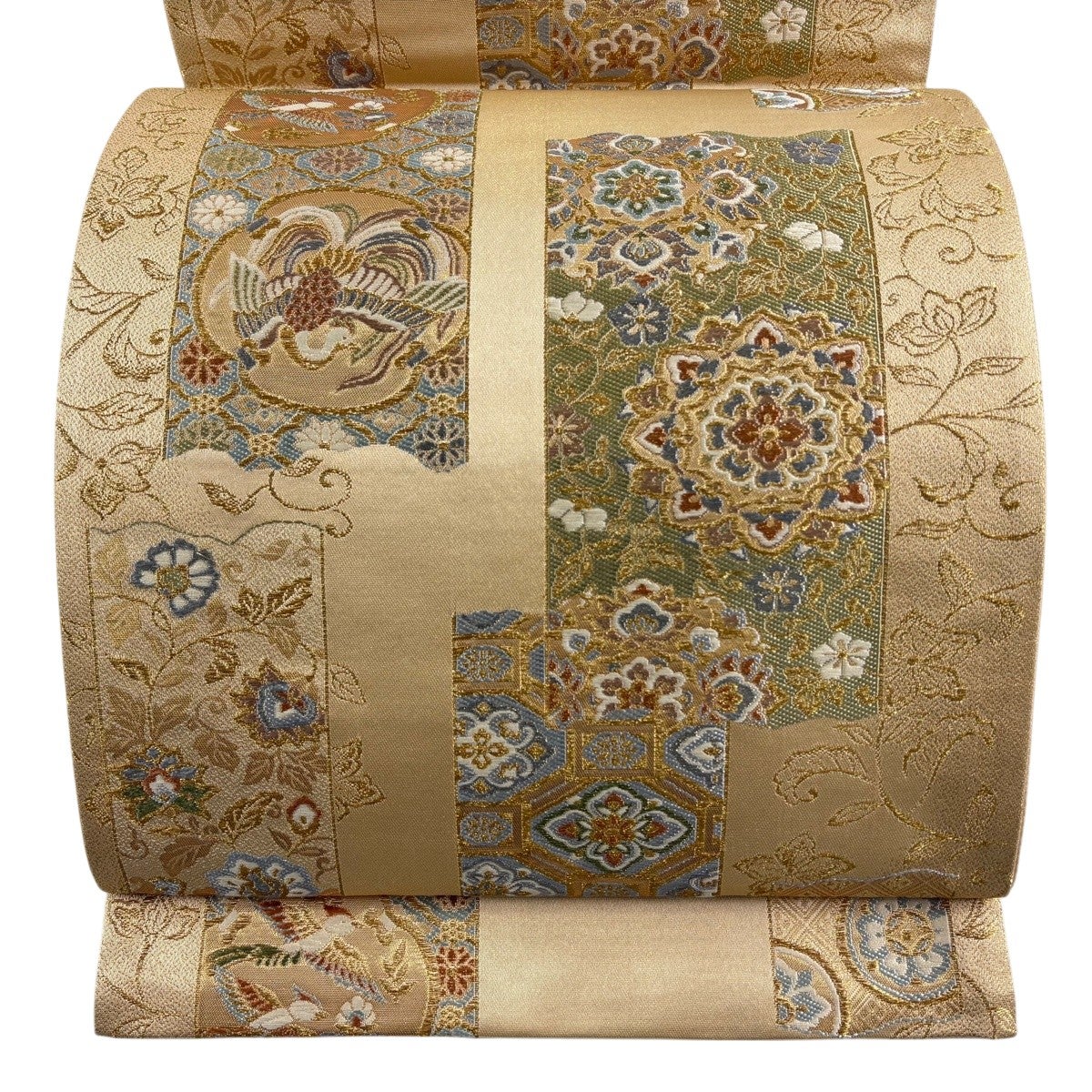 美品】 袋帯 名品 本袋 桐竹鳳凰紋 段縞模様 金糸 銀糸 青灰色 全通