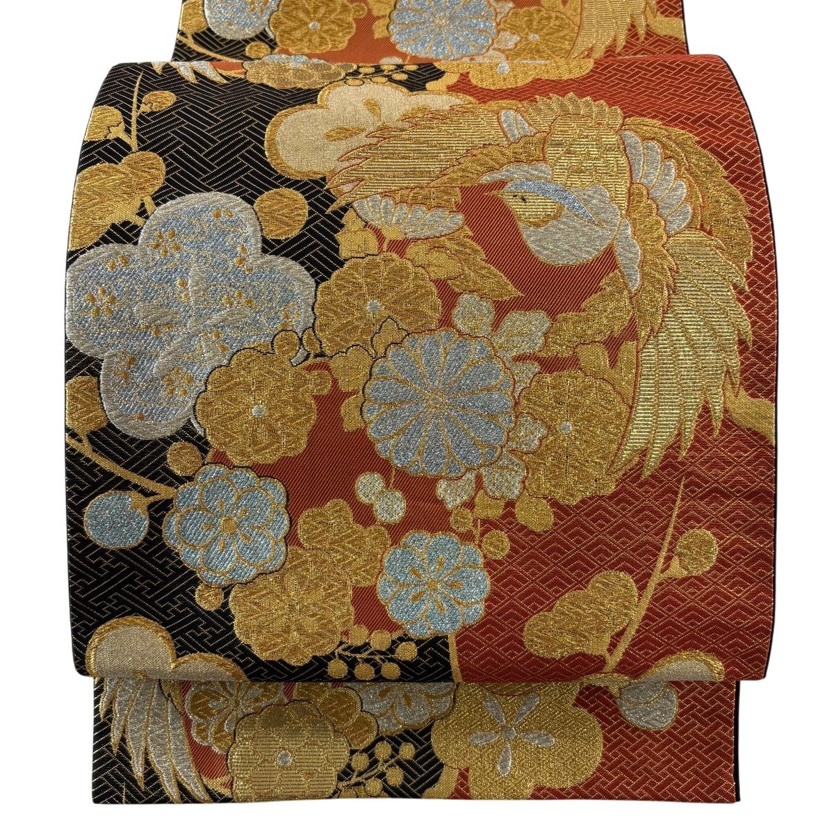 袋帯 秀品 鳥 花丸文 金銀糸 箔 朱色 六通 正絹｜中古・古着