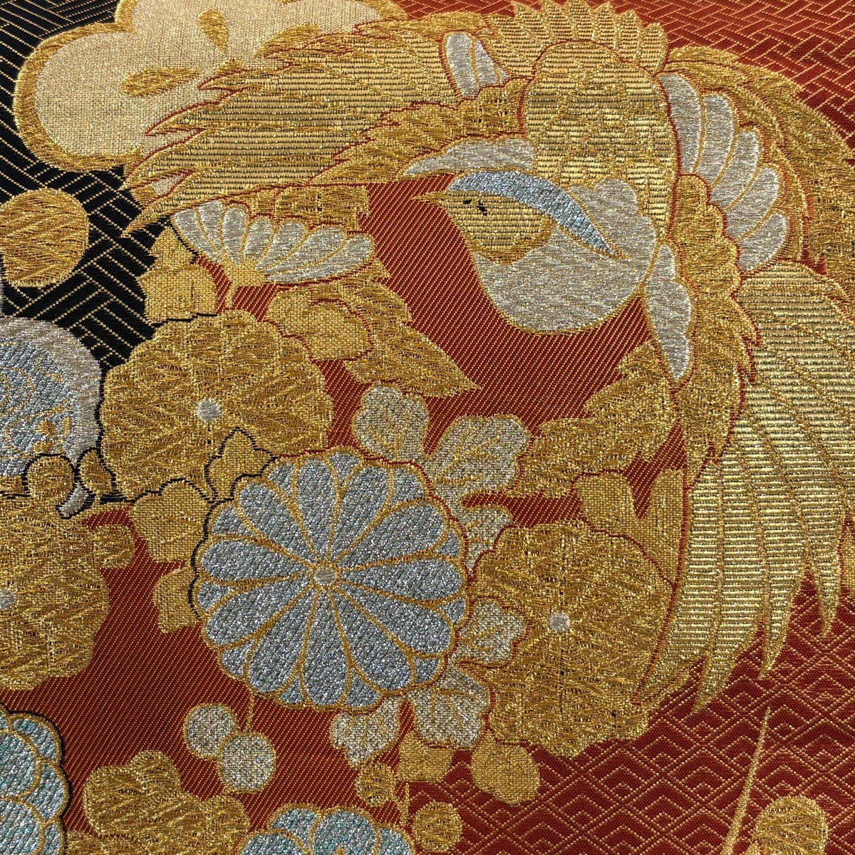 袋帯 秀品 鳥 花丸文 金銀糸 箔 朱色 六通 正絹｜中古・古着