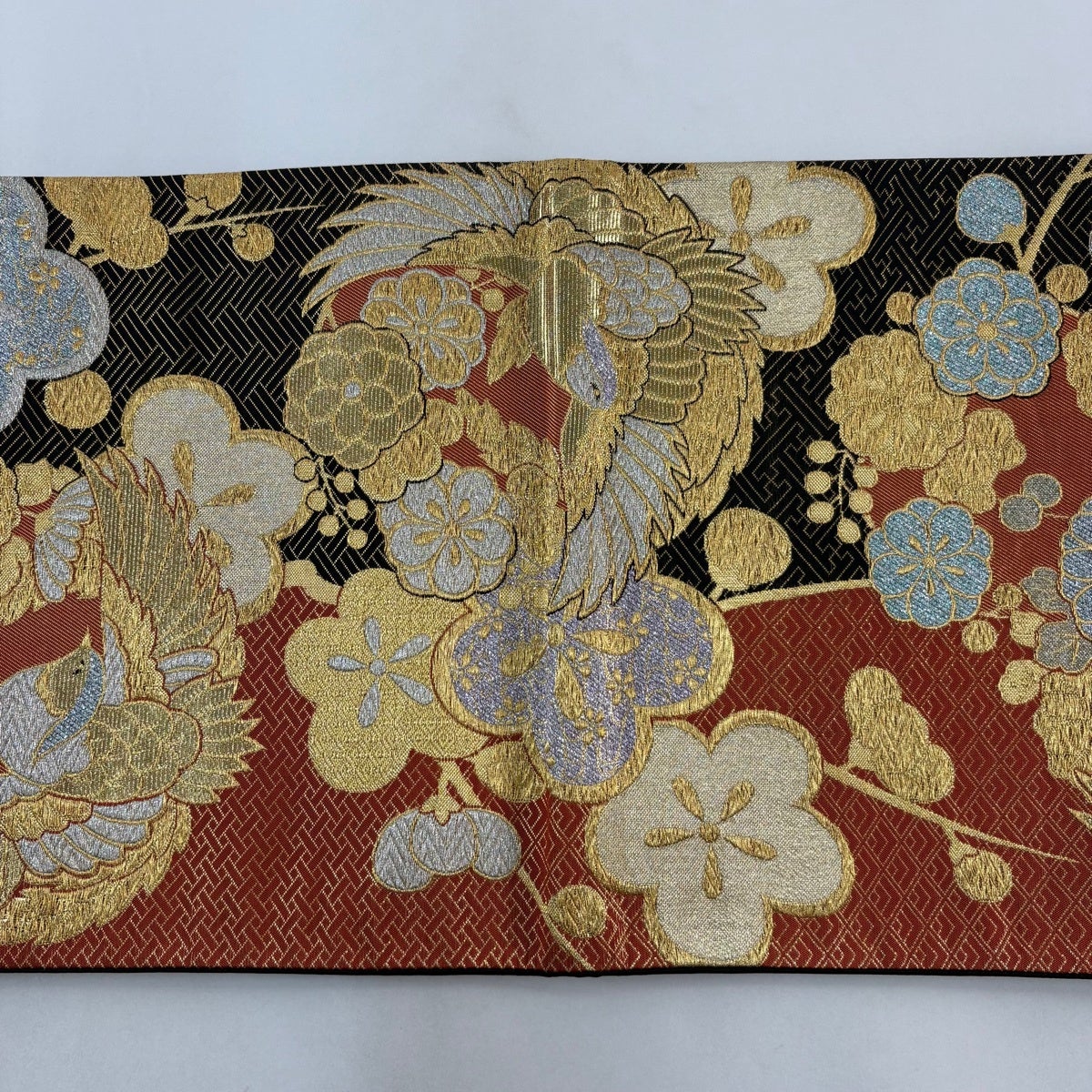 袋帯 秀品 鳥 花丸文 金銀糸 箔 朱色 六通 正絹｜中古・古着