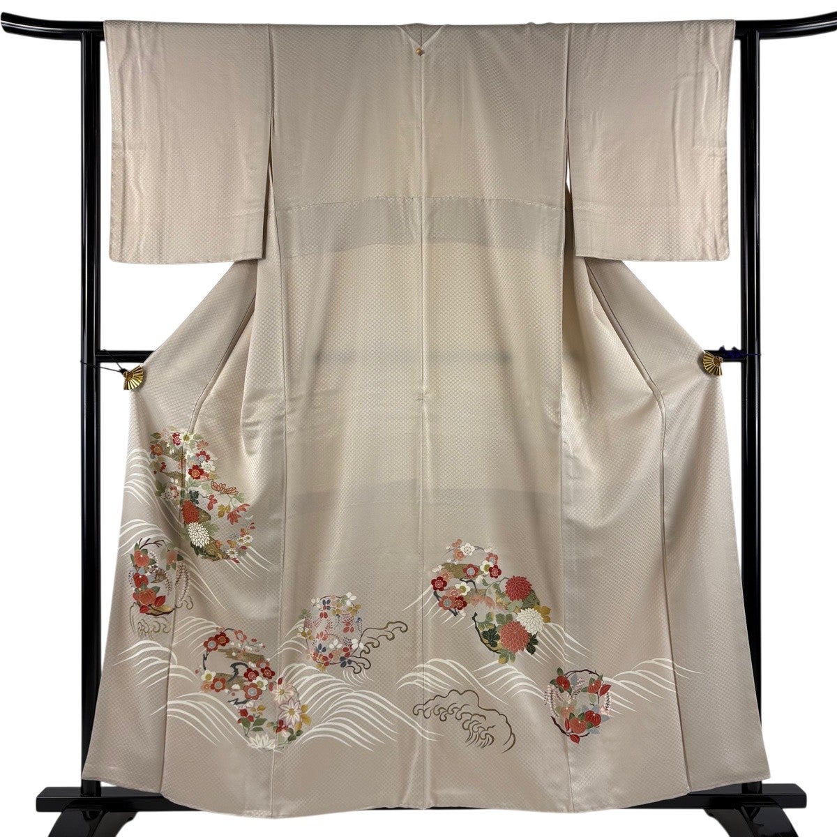 平和屋着物▽上質な小紋　単衣　型染め　花丸文　黒地　正絹　逸品　BAAW2241yc 平和屋着物▽上質な小紋 単衣 型染め 風景花文 鬼しぼ縮緬 やまと誂製