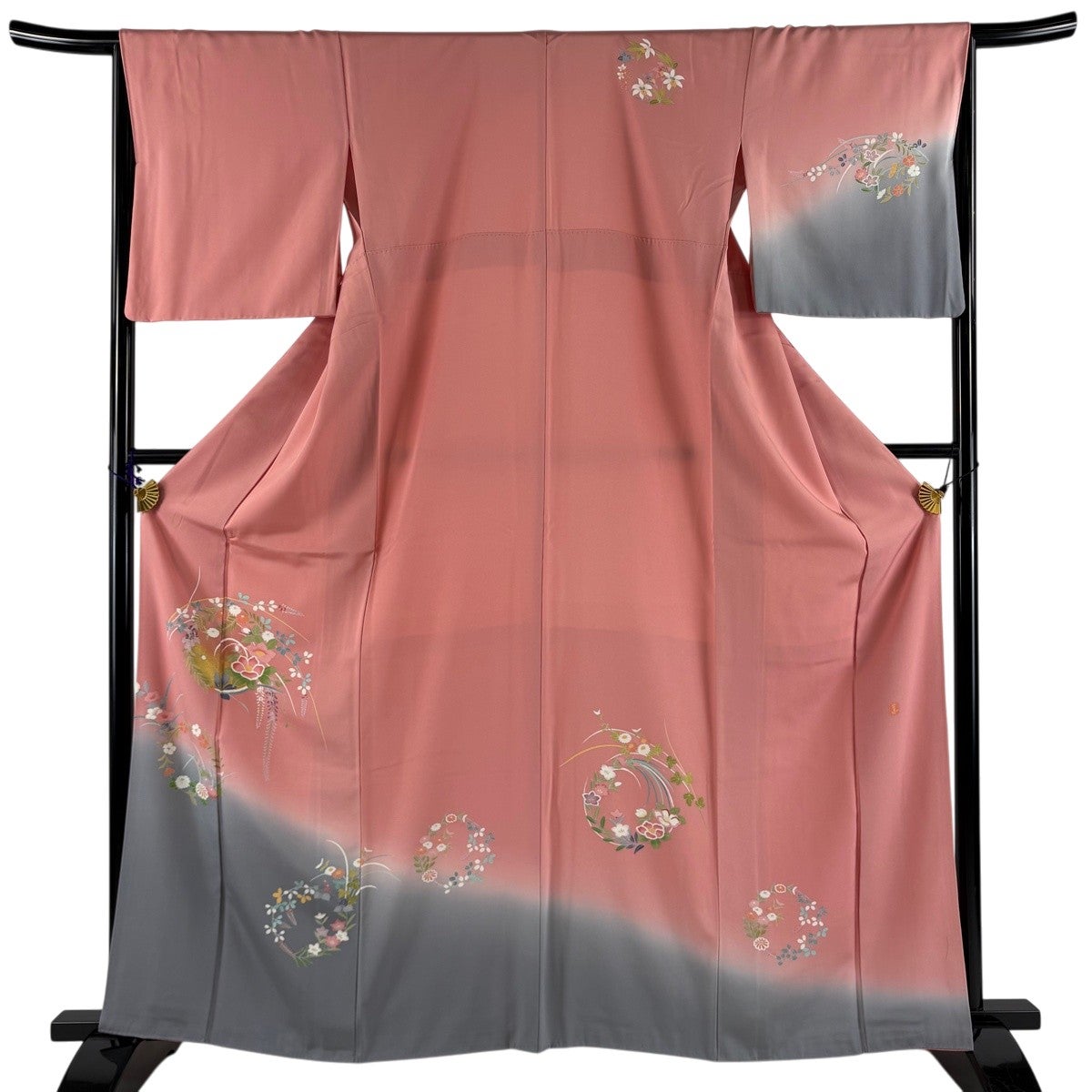 平和屋着物▽上質な小紋　単衣　型染め　花丸文　黒地　正絹　逸品　BAAW2241yc 平和屋着物▽上質な小紋 単衣 型染め 風景花文 鬼しぼ縮緬 やまと誂製