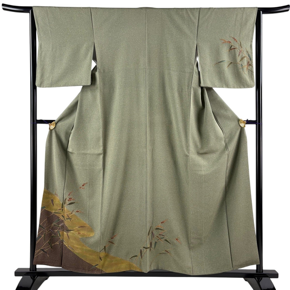 美品】 付下げ 身丈156.5cm 裄丈64cm M 袷 ヱ霞 草花 箔 金糸 灰緑