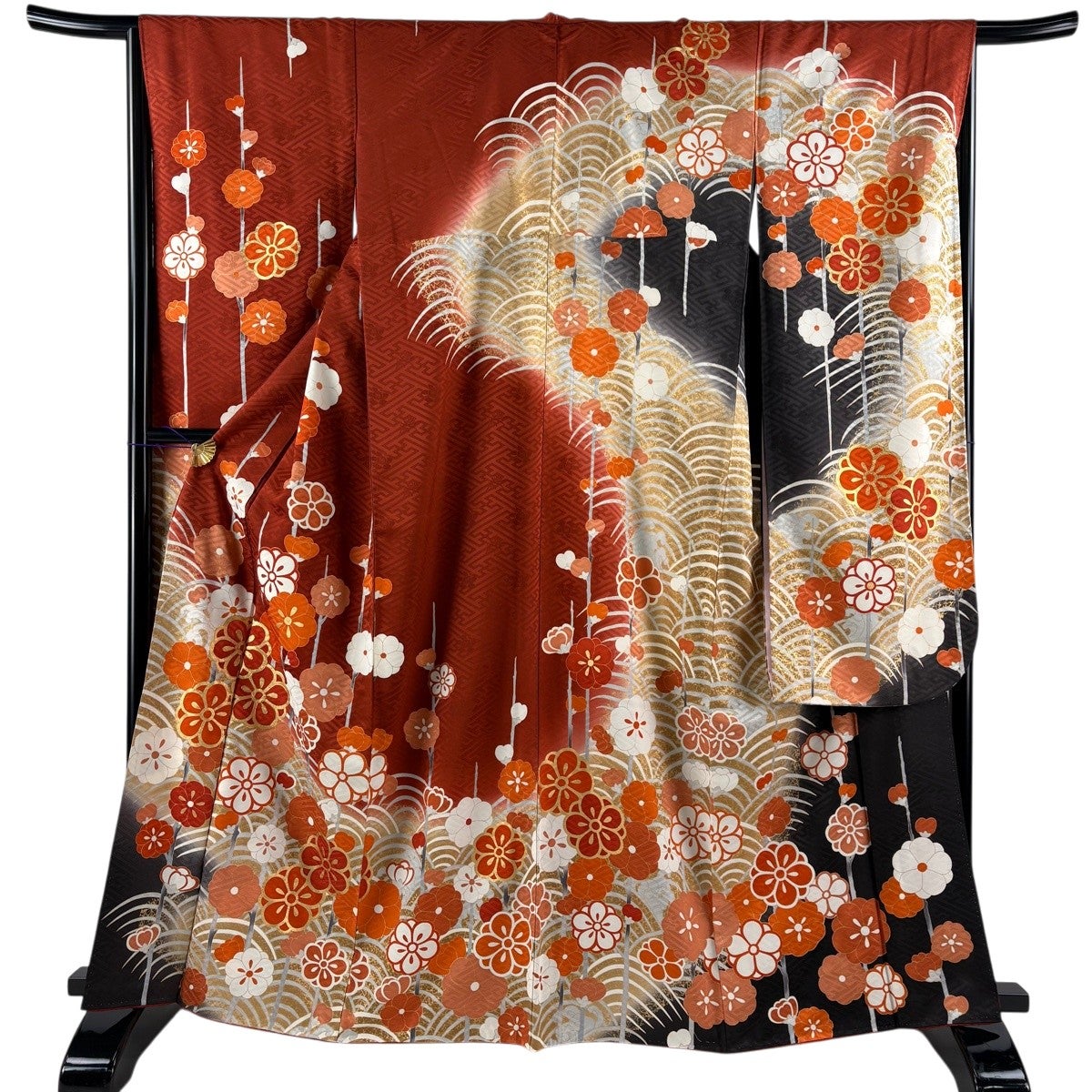振袖 美品 名品 身丈165cm 裄丈66cm 正絹 【中古】 振袖 身丈165cm 裄丈66cm M 袷 花車 草花 金彩 刺繍 朱色 正絹 秀品